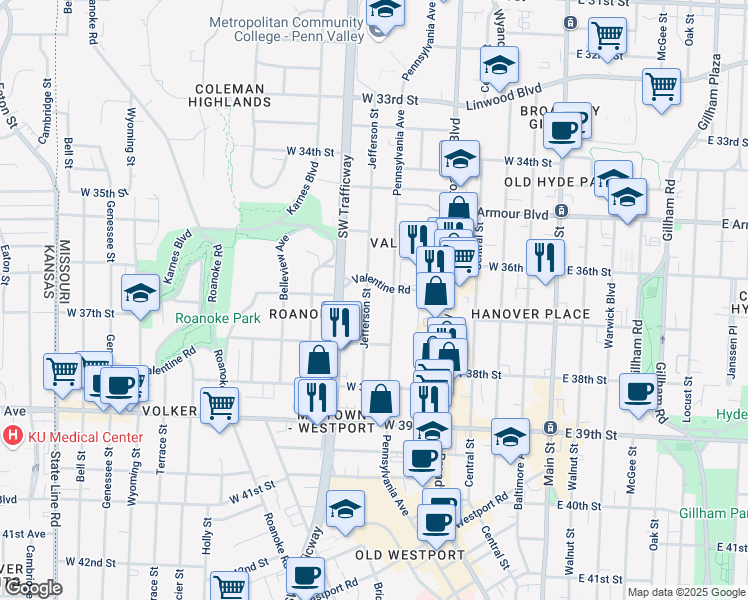 map of restaurants, bars, coffee shops, grocery stores, and more near 604 Valentine Road in Kansas City