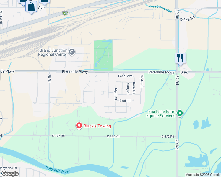 map of restaurants, bars, coffee shops, grocery stores, and more near 386 Evergreen Road in Grand Junction