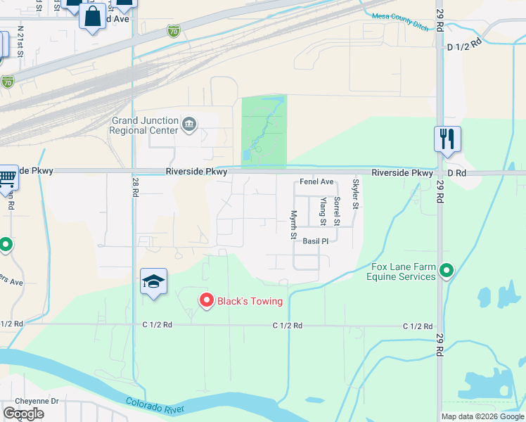 map of restaurants, bars, coffee shops, grocery stores, and more near 2839 North Forest Court in Grand Junction