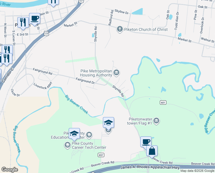 map of restaurants, bars, coffee shops, grocery stores, and more near 2626 Shyville Road in Piketon