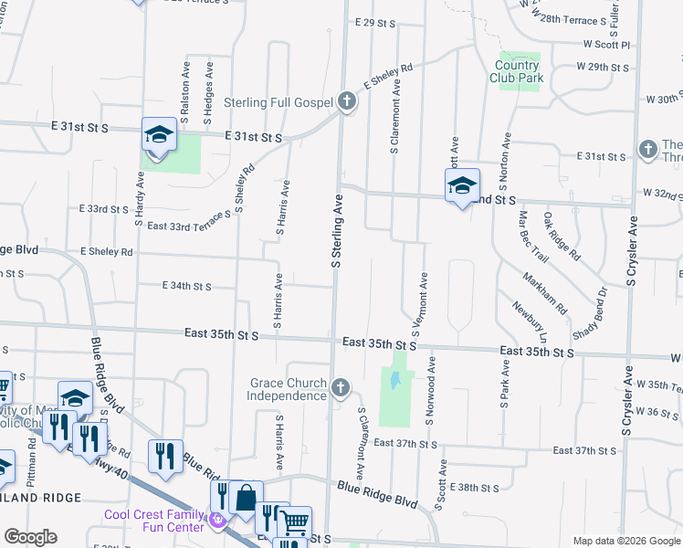 map of restaurants, bars, coffee shops, grocery stores, and more near 3340 South Crisp Avenue in Independence