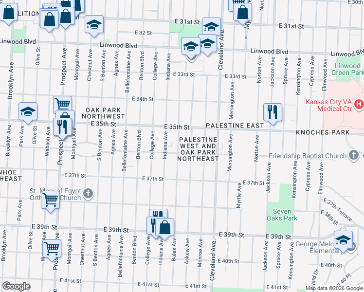 map of restaurants, bars, coffee shops, grocery stores, and more near 3520 Askew Avenue in Kansas City