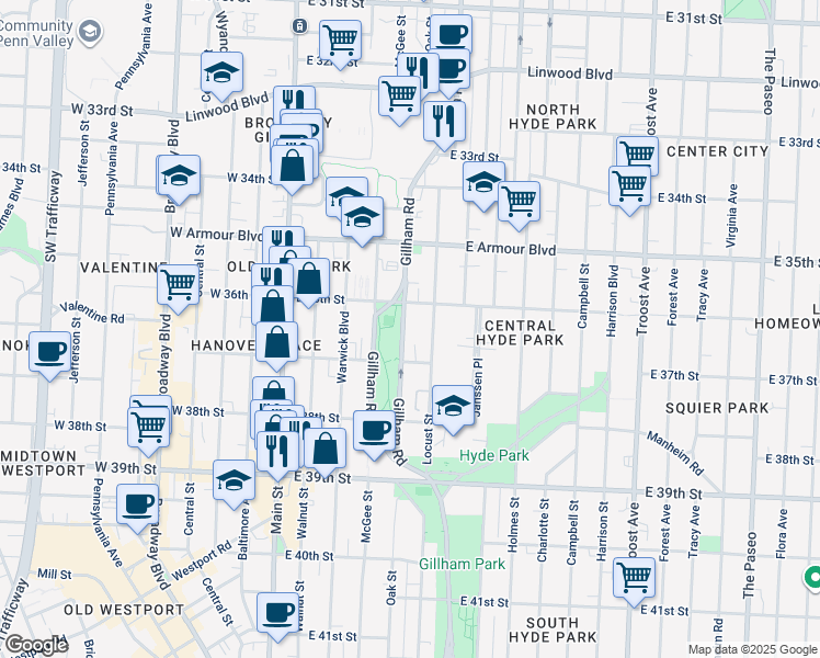 map of restaurants, bars, coffee shops, grocery stores, and more near 401 East 36th Street in Kansas City