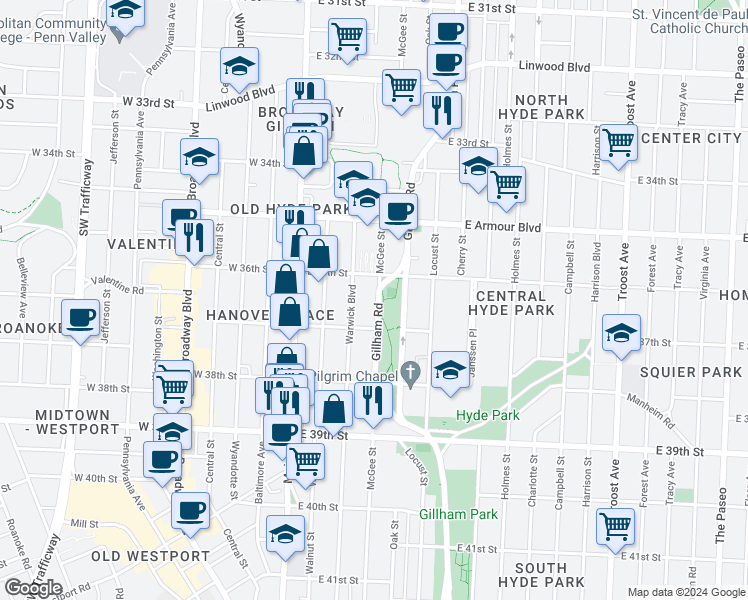 map of restaurants, bars, coffee shops, grocery stores, and more near 3606 Gillham Road in Kansas City