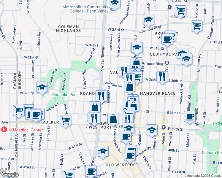 map of restaurants, bars, coffee shops, grocery stores, and more near 604 Valentine Road in Kansas City