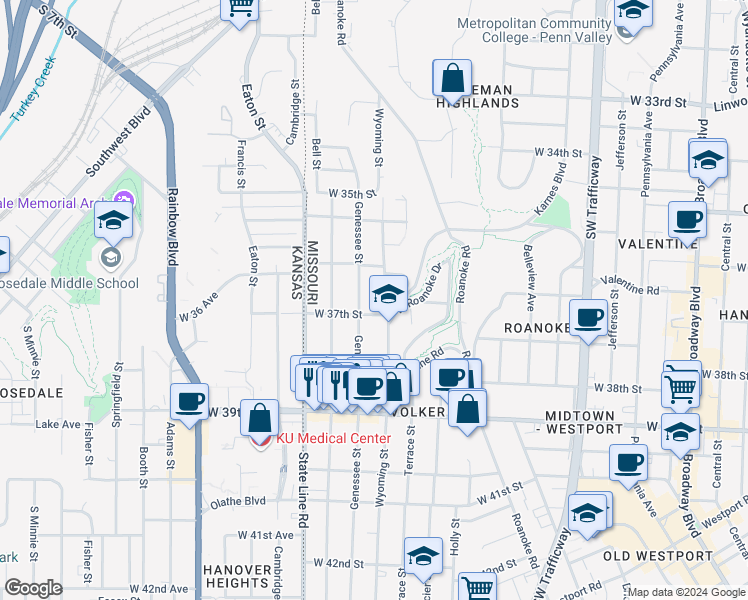 map of restaurants, bars, coffee shops, grocery stores, and more near 3616 Genessee Street in Kansas City