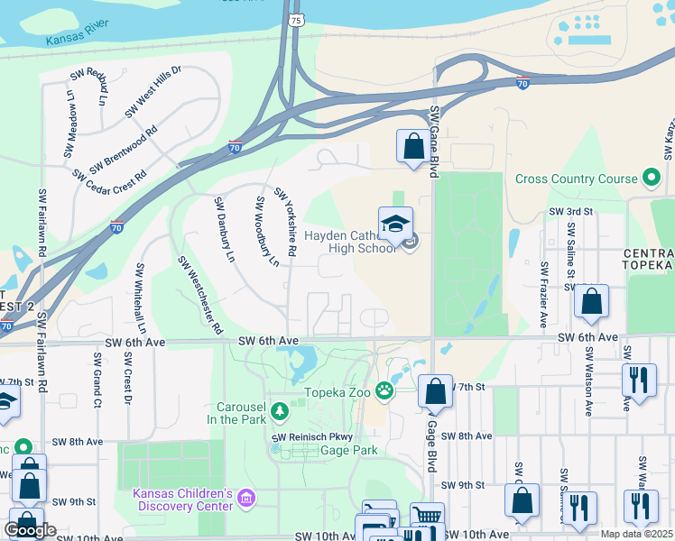 map of restaurants, bars, coffee shops, grocery stores, and more near 4107 North Southwest Woodbury Court in Topeka