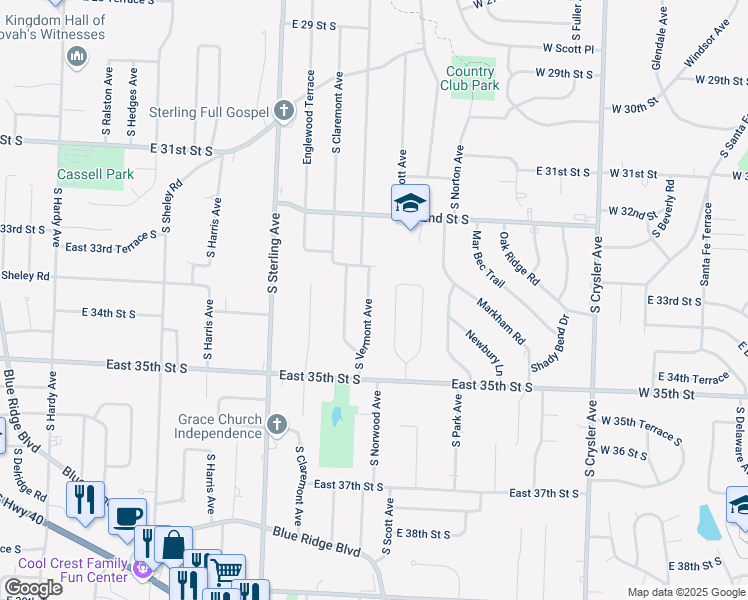 map of restaurants, bars, coffee shops, grocery stores, and more near 3321 South Vermont Avenue in Independence