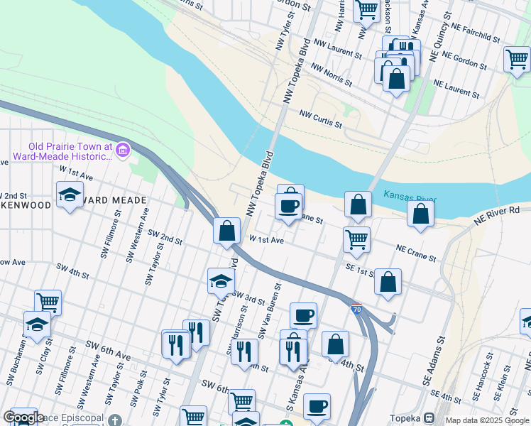 map of restaurants, bars, coffee shops, grocery stores, and more near 135 Northwest Harrison Street in Topeka
