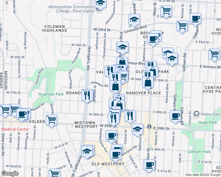 map of restaurants, bars, coffee shops, grocery stores, and more near 3700 Washington Street in Kansas City