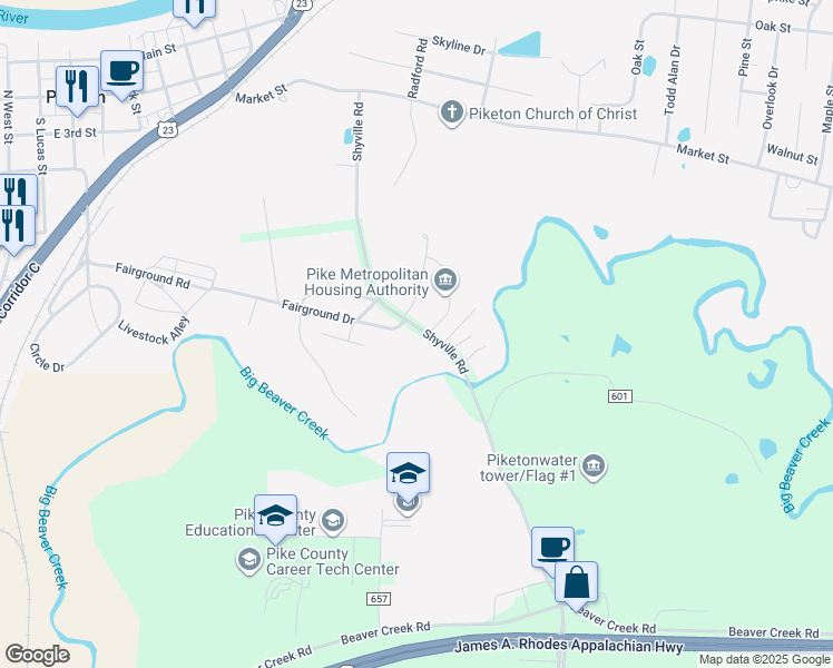 map of restaurants, bars, coffee shops, grocery stores, and more near 2626 Shyville Road in Piketon