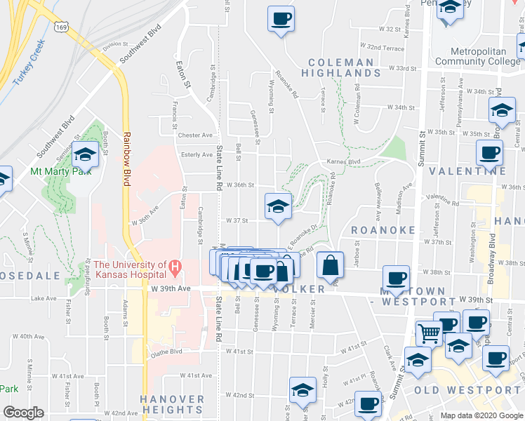 map of restaurants, bars, coffee shops, grocery stores, and more near 3633 Genessee Street in Kansas City