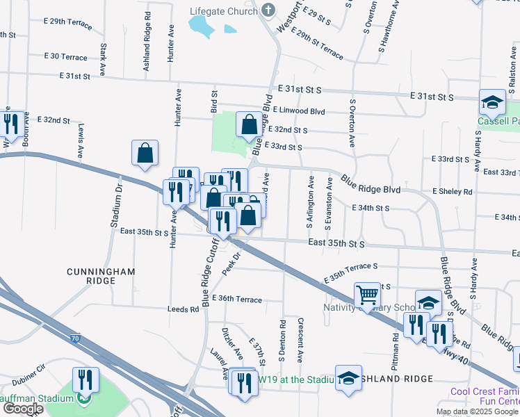 map of restaurants, bars, coffee shops, grocery stores, and more near 3416 South Oxford Avenue in Independence