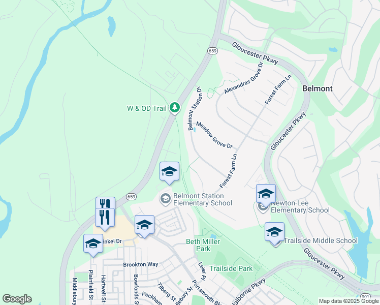 map of restaurants, bars, coffee shops, grocery stores, and more near 19995 Belmont Station Drive in Ashburn