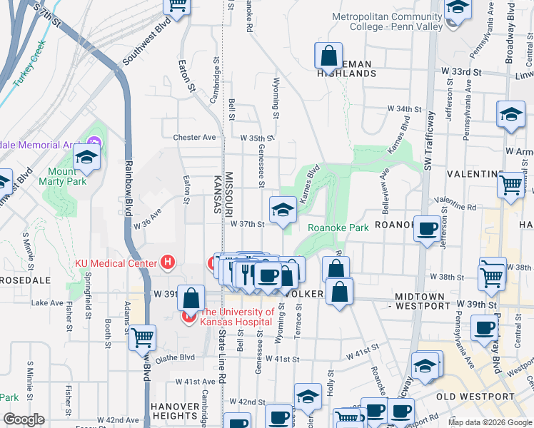 map of restaurants, bars, coffee shops, grocery stores, and more near 3633 Genessee Street in Kansas City
