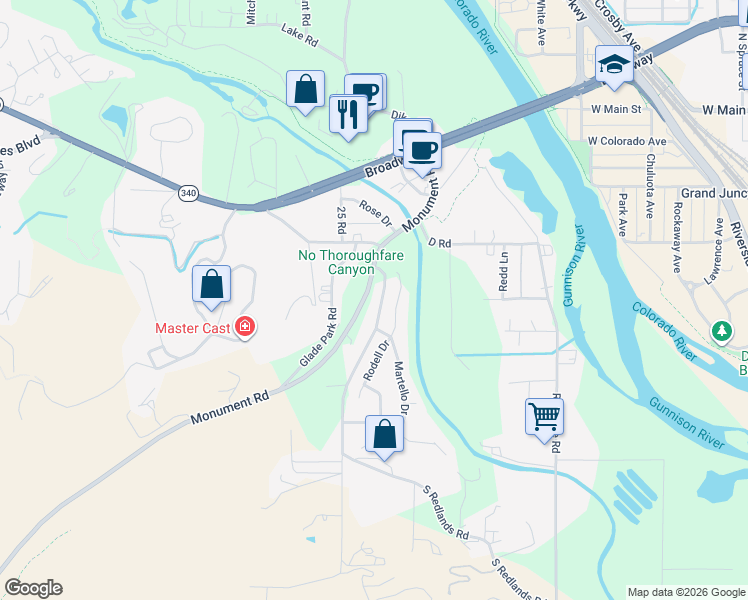 map of restaurants, bars, coffee shops, grocery stores, and more near 377 S Redlands Rd in Grand Junction