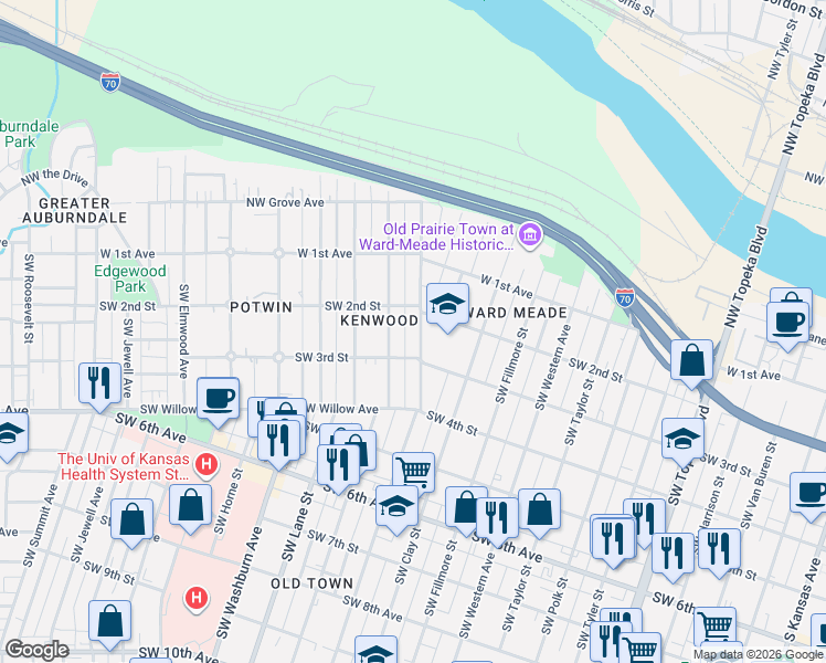 map of restaurants, bars, coffee shops, grocery stores, and more near 219 Southwest Quinton Avenue in Topeka