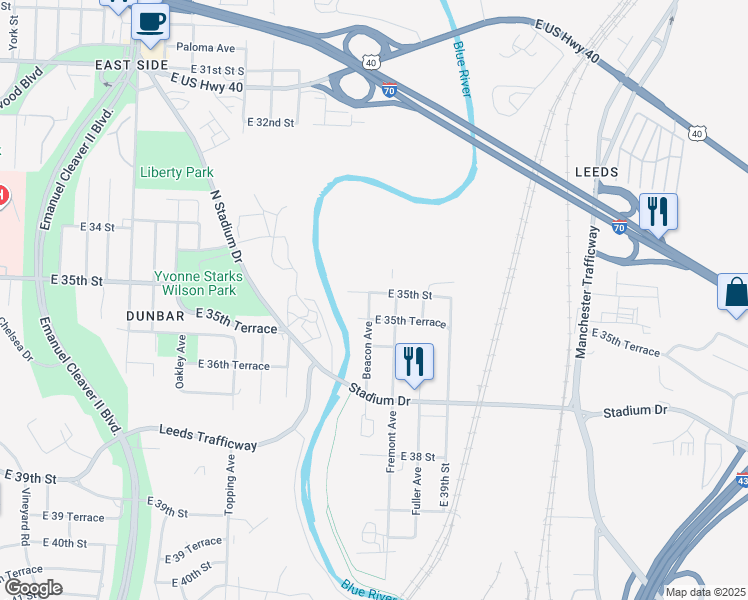 map of restaurants, bars, coffee shops, grocery stores, and more near 6301 East 35th Street in Kansas City