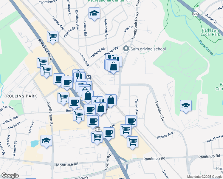 map of restaurants, bars, coffee shops, grocery stores, and more near 12530 Parklawn Drive in Rockville