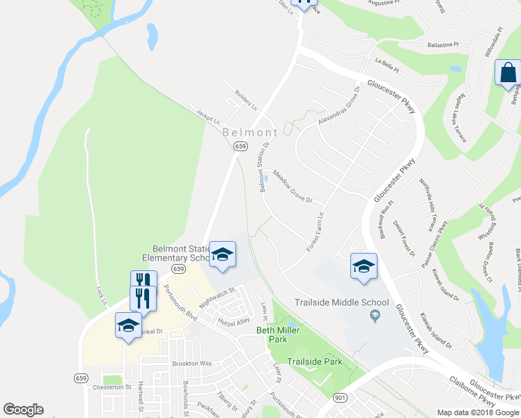 map of restaurants, bars, coffee shops, grocery stores, and more near 19995 Belmont Station Drive in Ashburn