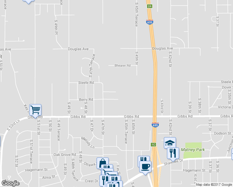 map of restaurants, bars, coffee shops, grocery stores, and more near 4611 Dover Street in Kansas City