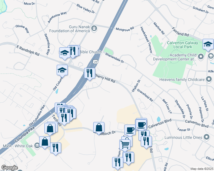 map of restaurants, bars, coffee shops, grocery stores, and more near 12521 Prosperity Drive in Silver Spring