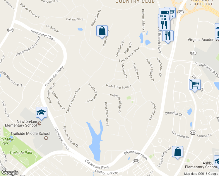 map of restaurants, bars, coffee shops, grocery stores, and more near 43579 Dunhill Cup Square in Ashburn