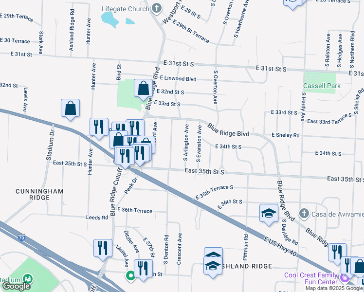 map of restaurants, bars, coffee shops, grocery stores, and more near 3326 South Arlington Avenue in Independence