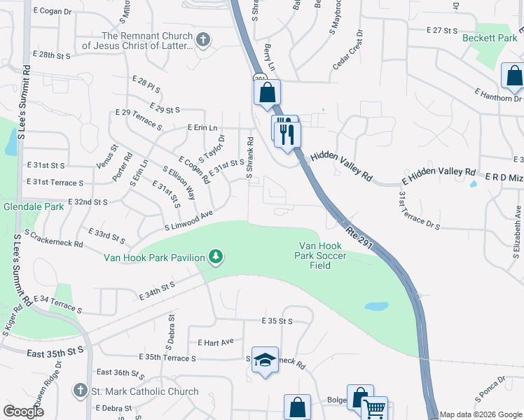 map of restaurants, bars, coffee shops, grocery stores, and more near 3109 South Shrank Road in Independence