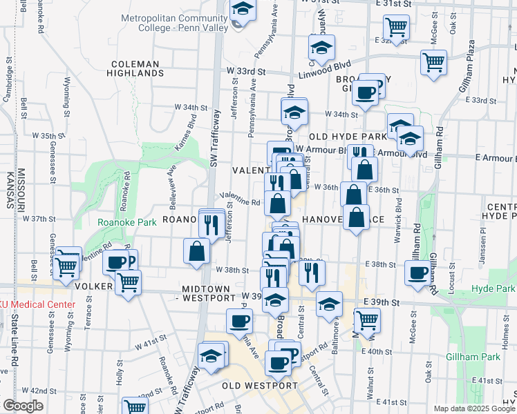 map of restaurants, bars, coffee shops, grocery stores, and more near 411 Valentine Road in Kansas City