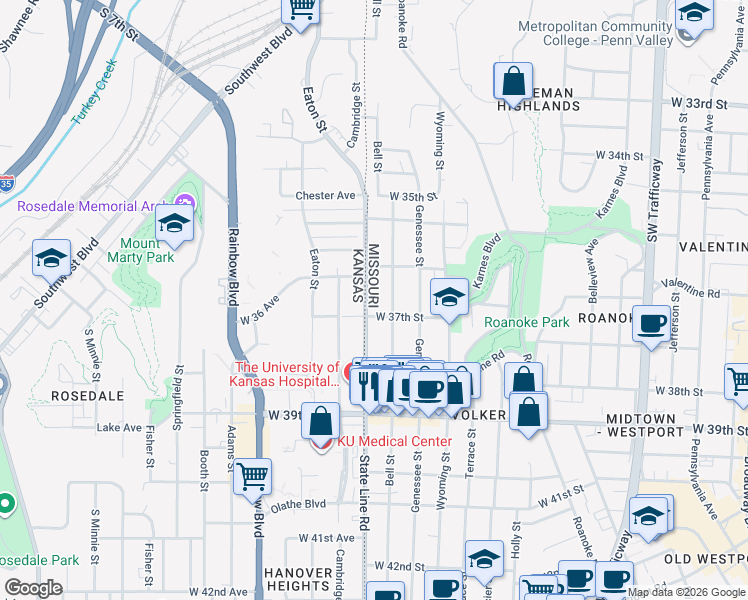 map of restaurants, bars, coffee shops, grocery stores, and more near 3616 Bell Street in Kansas City