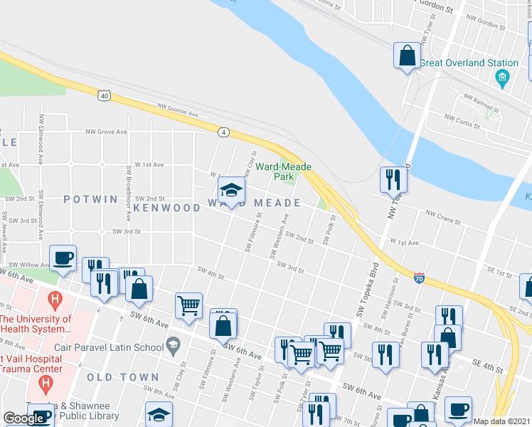map of restaurants, bars, coffee shops, grocery stores, and more near in Topeka