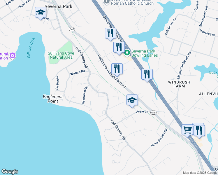 map of restaurants, bars, coffee shops, grocery stores, and more near 876 Randell Road in Severna Park