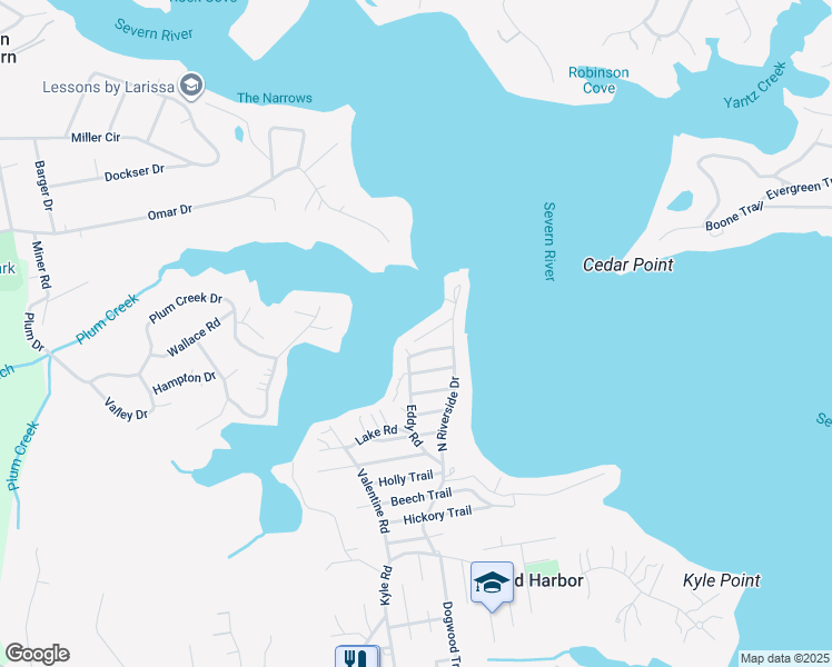 map of restaurants, bars, coffee shops, grocery stores, and more near Mink Path in Crownsville