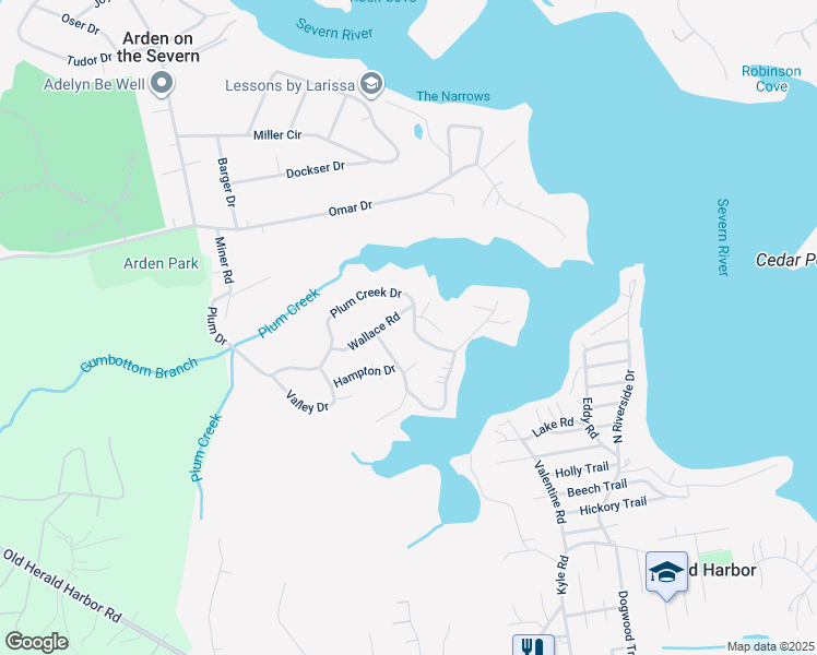 map of restaurants, bars, coffee shops, grocery stores, and more near 1013 Plum Creek Drive in Crownsville
