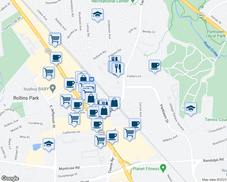 map of restaurants, bars, coffee shops, grocery stores, and more near 12530 Parklawn Drive in Rockville