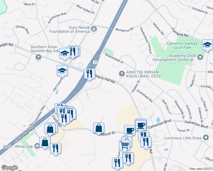 map of restaurants, bars, coffee shops, grocery stores, and more near 12521 Prosperity Drive in Silver Spring