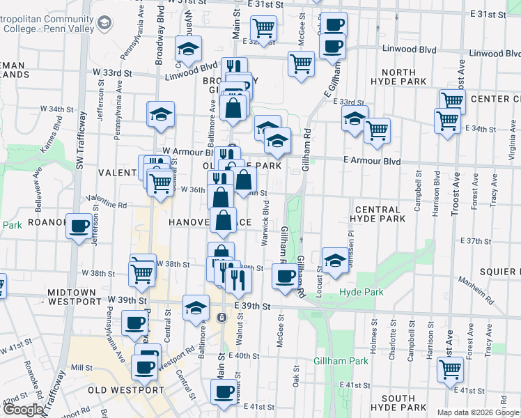 map of restaurants, bars, coffee shops, grocery stores, and more near 3616 Warwick Boulevard in Kansas City