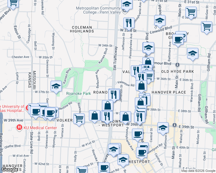 map of restaurants, bars, coffee shops, grocery stores, and more near 814 Valentine Rd in Kansas City