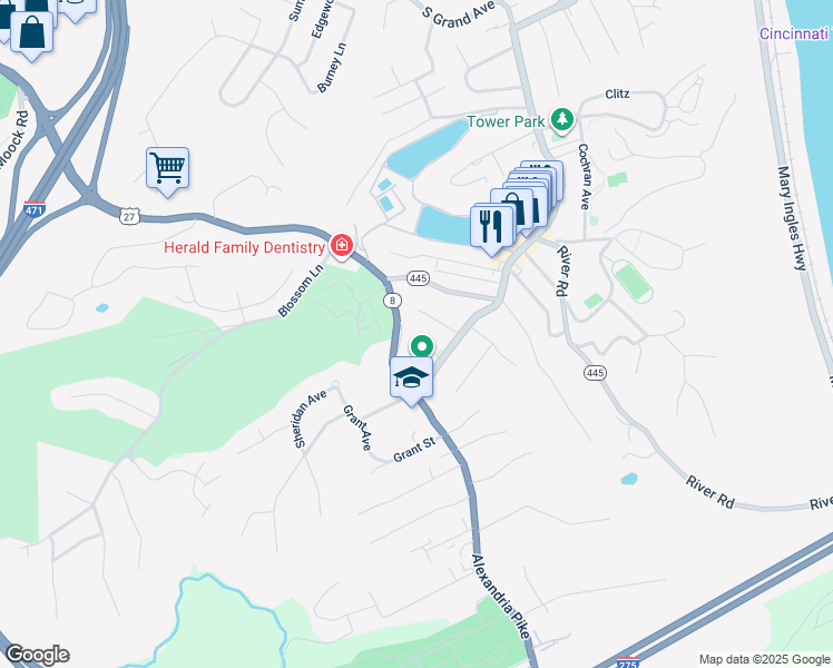map of restaurants, bars, coffee shops, grocery stores, and more near 30 Warren Court in Fort Thomas