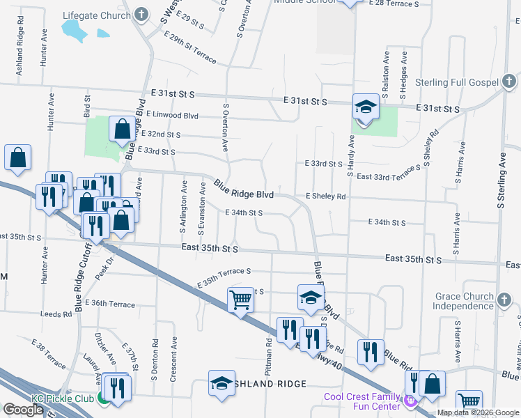 map of restaurants, bars, coffee shops, grocery stores, and more near 3358 Blue Ridge Boulevard in Independence