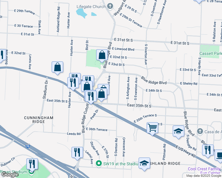 map of restaurants, bars, coffee shops, grocery stores, and more near 3322 South Denton Road in Independence