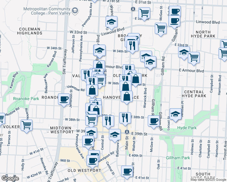 map of restaurants, bars, coffee shops, grocery stores, and more near 3612 Wyandotte Street in Kansas City