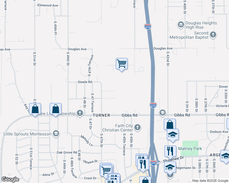map of restaurants, bars, coffee shops, grocery stores, and more near 4611 Dover Street in Kansas City
