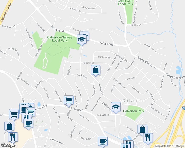 map of restaurants, bars, coffee shops, grocery stores, and more near 13213 Bellevue Street in Silver Spring