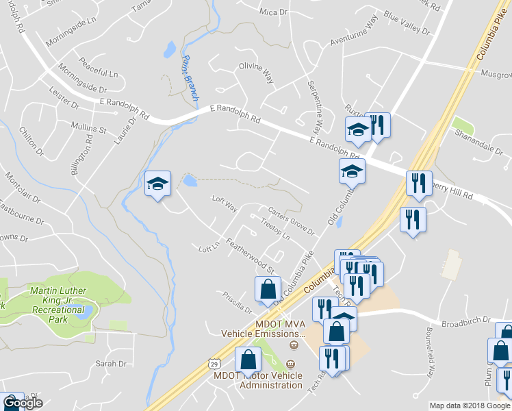 map of restaurants, bars, coffee shops, grocery stores, and more near 1808 Carters Grove Drive in Silver Spring