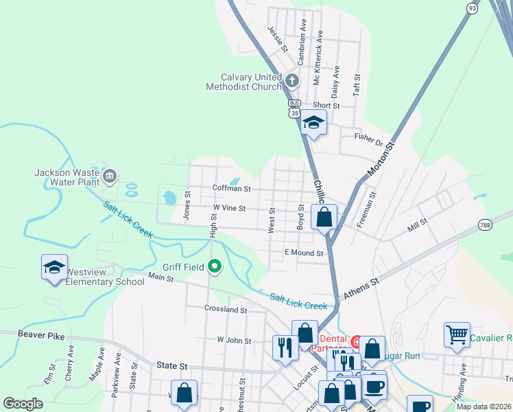 map of restaurants, bars, coffee shops, grocery stores, and more near 6W West Vine Street in Jackson