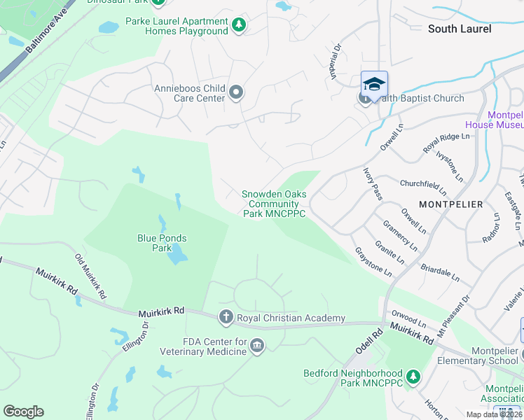 map of restaurants, bars, coffee shops, grocery stores, and more near 12501 Carland Place in Laurel