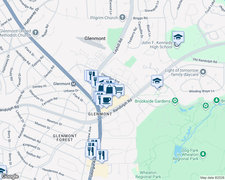 map of restaurants, bars, coffee shops, grocery stores, and more near 2211 Greenery Lane in Silver Spring