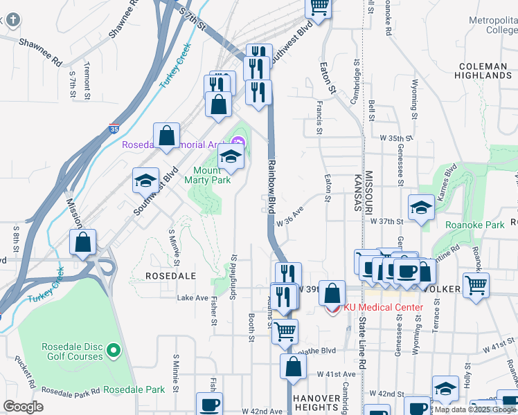 map of restaurants, bars, coffee shops, grocery stores, and more near 3550 Rainbow Boulevard in Kansas City